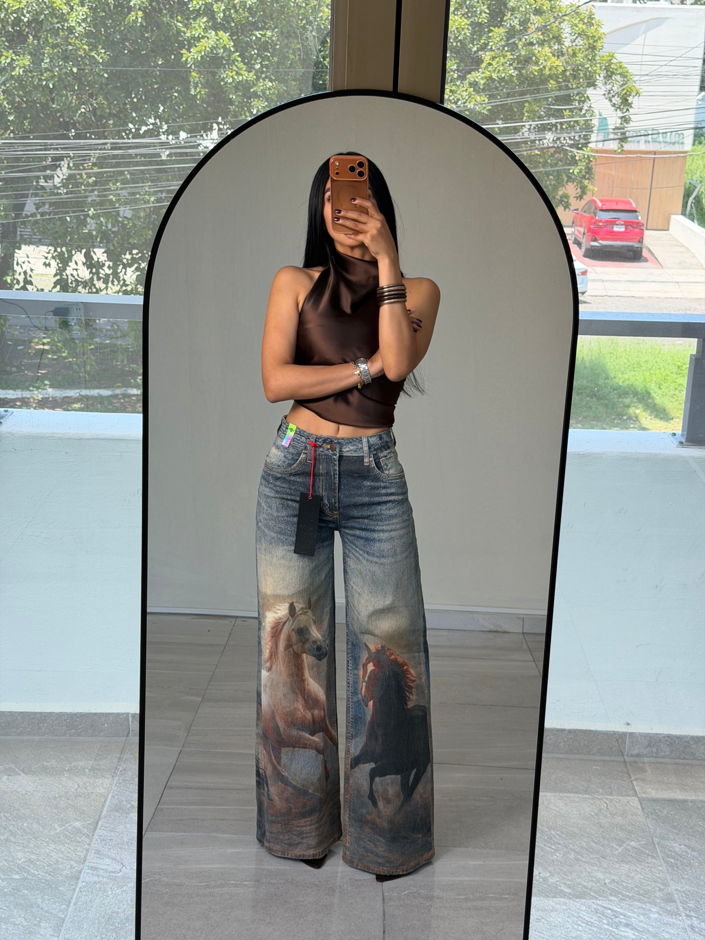 WIDE LEG HORSE JEANS VIBRANT MIU DARK