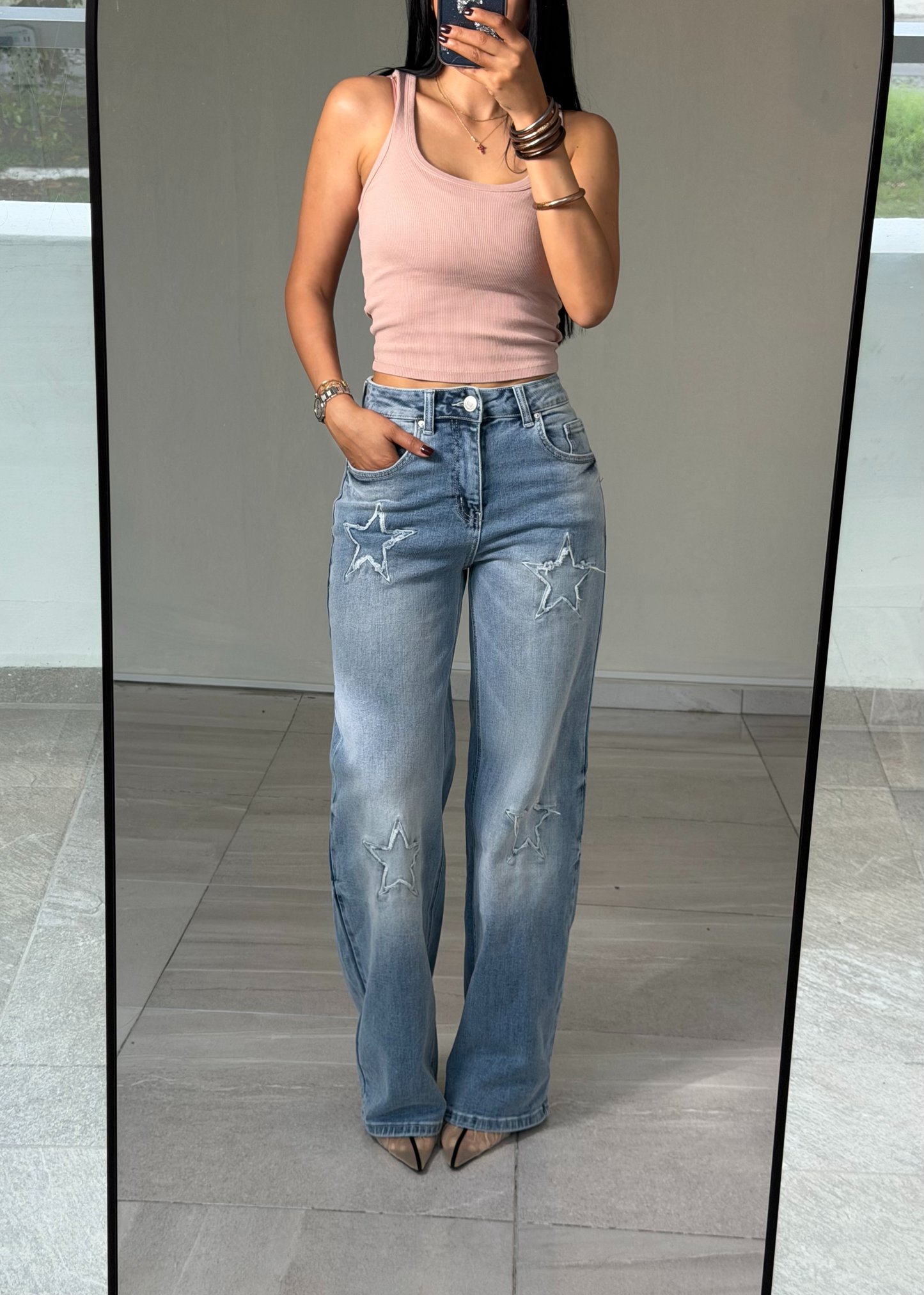 WIDE LEG ESTRELLAS BORDADAS DENIM